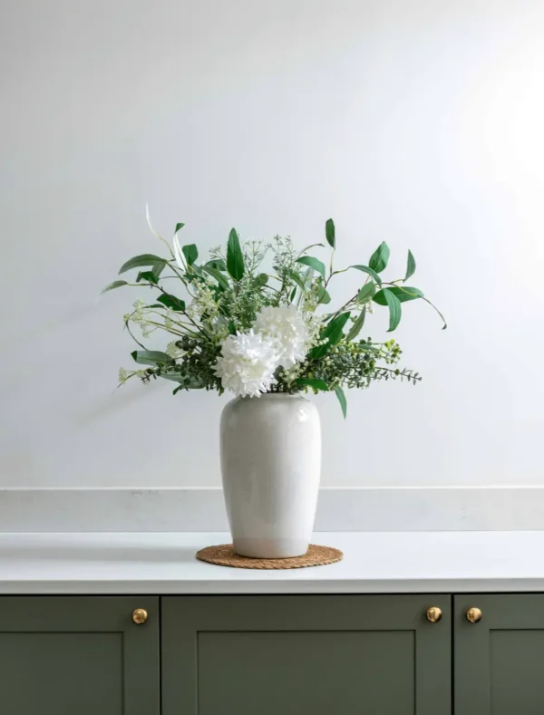 White Dahlia & Green Foliage Faux Arrangement