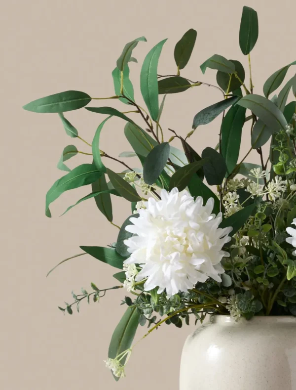 White Dahlia & Green Foliage Faux Arrangement
