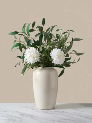 White Dahlia & Green Foliage Faux Arrangement