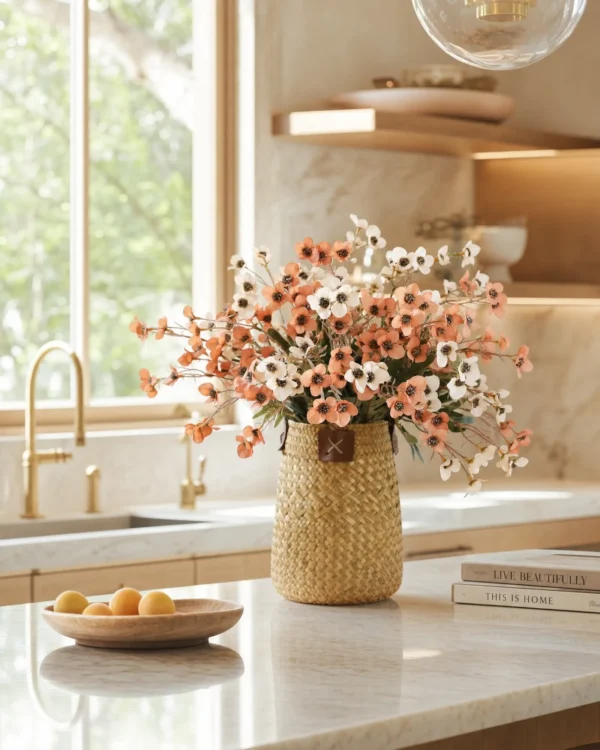 Lifestyle Scene - Modern Home Interior Peach & White Wildflower Faux Bouquet (12 Stems)